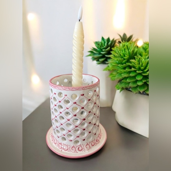 Hand-Painted Portuguese Pottery Candle Holder - Pierced Design - Picture 4 of 5